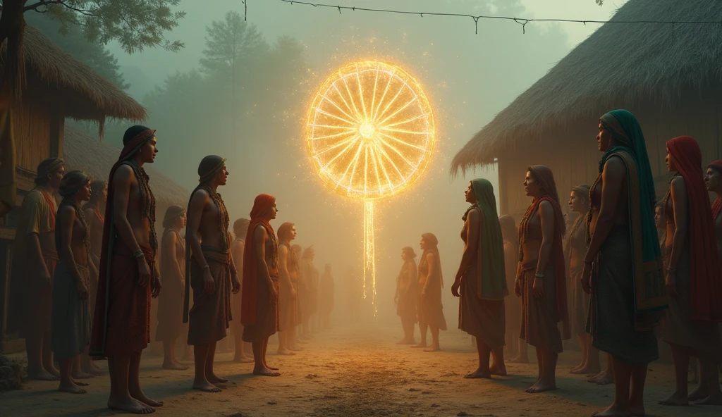 A glowing amulet hanging in the mist of  village huts with onlooking villagers with bare chest and women with head gear at dawn
