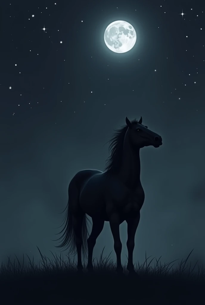 Create a dark horse, in the night, standing backwards, looking at the moon