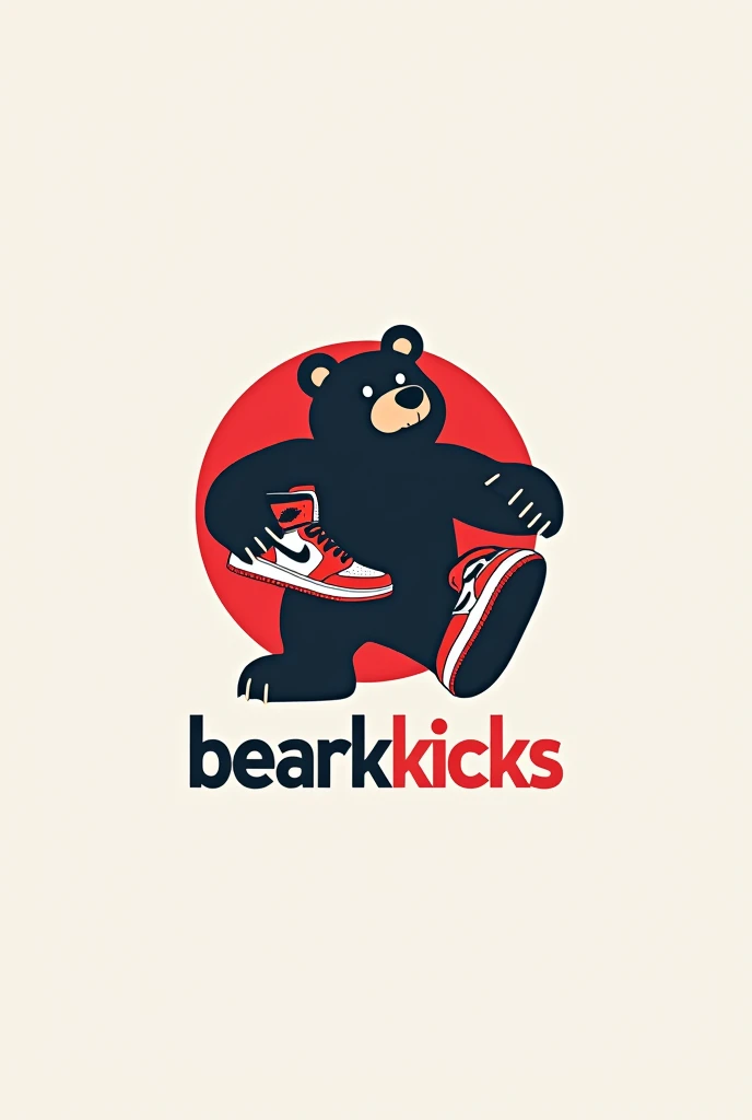 Make me a company logo design that says bearKicks with a bear and some Jordan 1 sneakers on a bearbick, in a circle that is minimalist and that appears in letters the coolest BearKicks