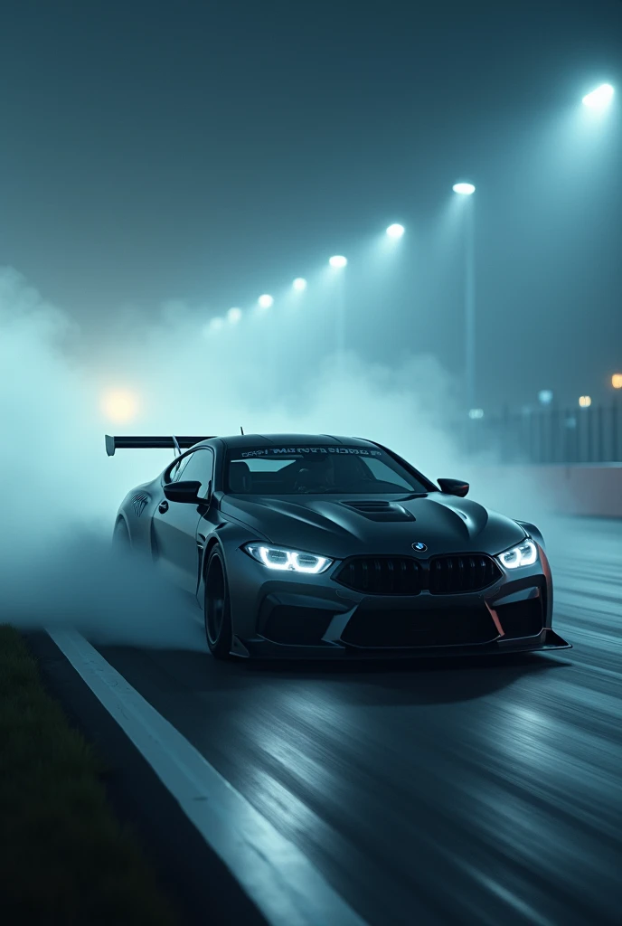 A BMW M8 Competition series at the race track at night in fog with dragon rape and black colour 