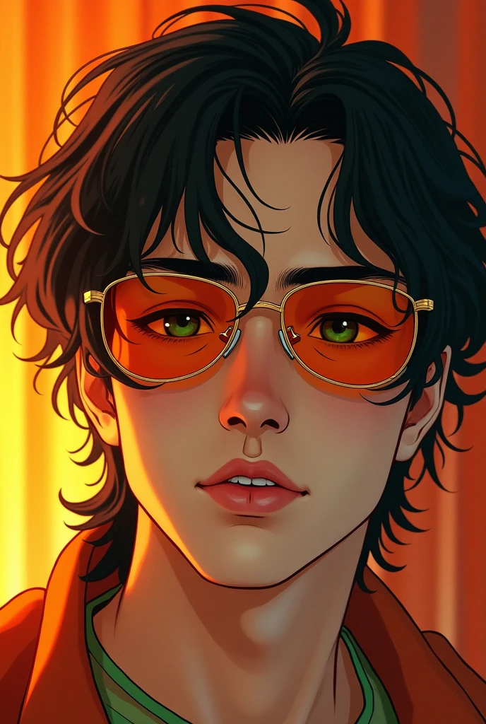 (photorealism:1.2), Japanese young man, clean shaved face, has mullet shaggy hair tied in French braid, has sleepy green eyes, wearing orange sunglasses, has aquiline nose, has sharp jawline, facing camera, relaxed pose, realistic, intricate details, warm colors, by Greg Rutkowski, by Alphonse Mucha