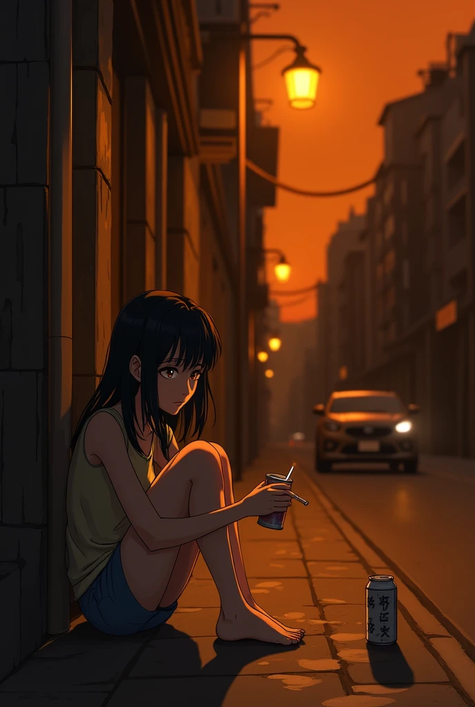 girl sitting sadly on the sidewalk with a can of beer in one hand, hand holding cigarette under street light image orange tone anime drawing 