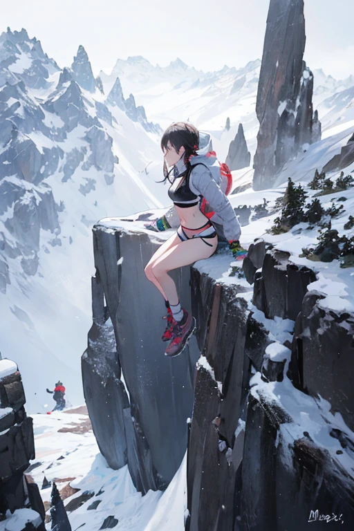 Beautiful girl with healthy body,hiker,midriff,bikini,strong snow storm,small and dense flying snowflakes as points,climbing snow peak,crawling on the vertical cliff,precise face