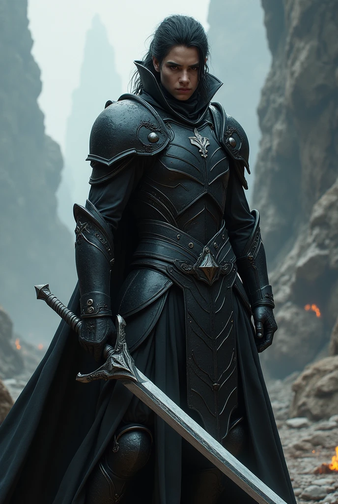 black haired helmetless black armored warrior with a long sword