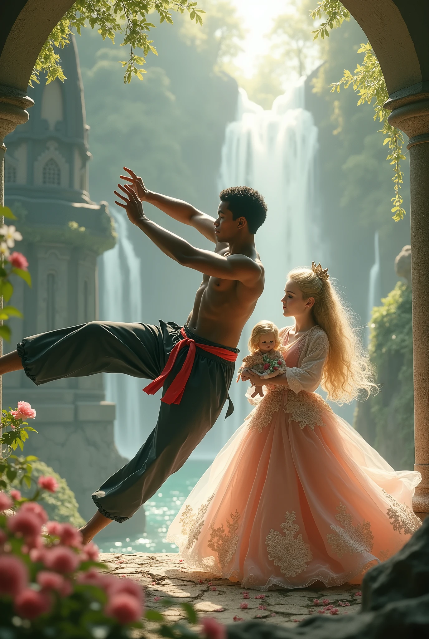In an enchanted kingdom a young black man fighting martial arts and a little blonde princess playing with dolls.