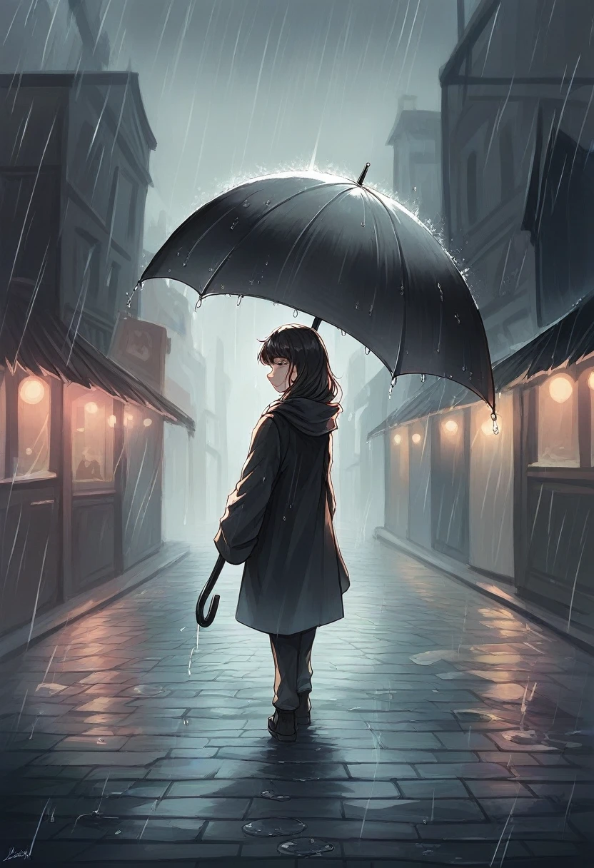 Here's a refined prompt that includes your preferences:
"A nighttime scene set during the rainy season. The image is mostly in black and white, but the focus is on a beautiful girl, who stands out in vibrant color. She is holding a large black umbrella, which shields her from the rain. The rest of the scene, including the wet cobblestone street, dim streetlights, and blurred background, remains in soft, muted tones to enhance the contrast. The rain falls gently, creating a serene and nostalgic atmosphere, with the girl’s colorful presence as the focal point, making the image both gorgeous and striking."
