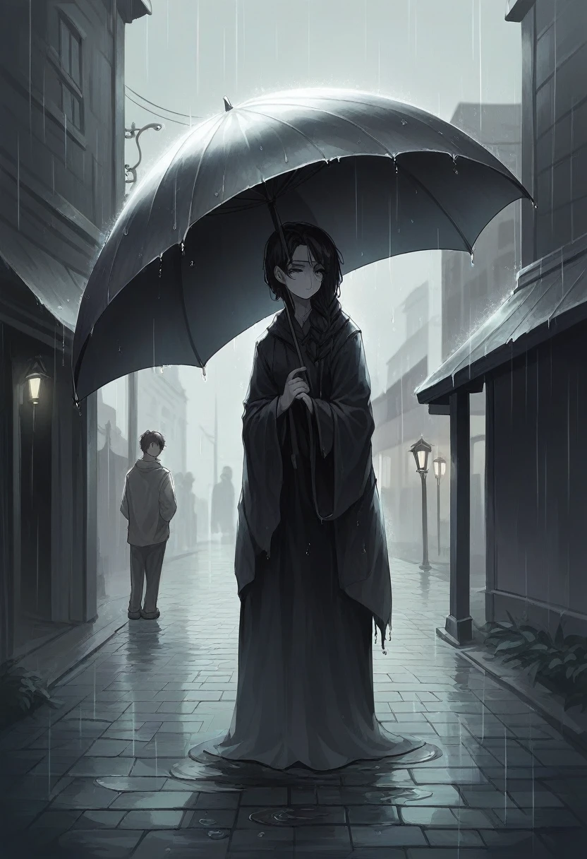 Here's a refined prompt that includes your preferences:
"A nighttime scene set during the rainy season. The image is mostly in black and white, but the focus is on a beautiful girl, who stands out in vibrant color. She is holding a large black umbrella, which shields her from the rain. The rest of the scene, including the wet cobblestone street, dim streetlights, and blurred background, remains in soft, muted tones to enhance the contrast. The rain falls gently, creating a serene and nostalgic atmosphere, with the girl’s colorful presence as the focal point, making the image both gorgeous and striking."
