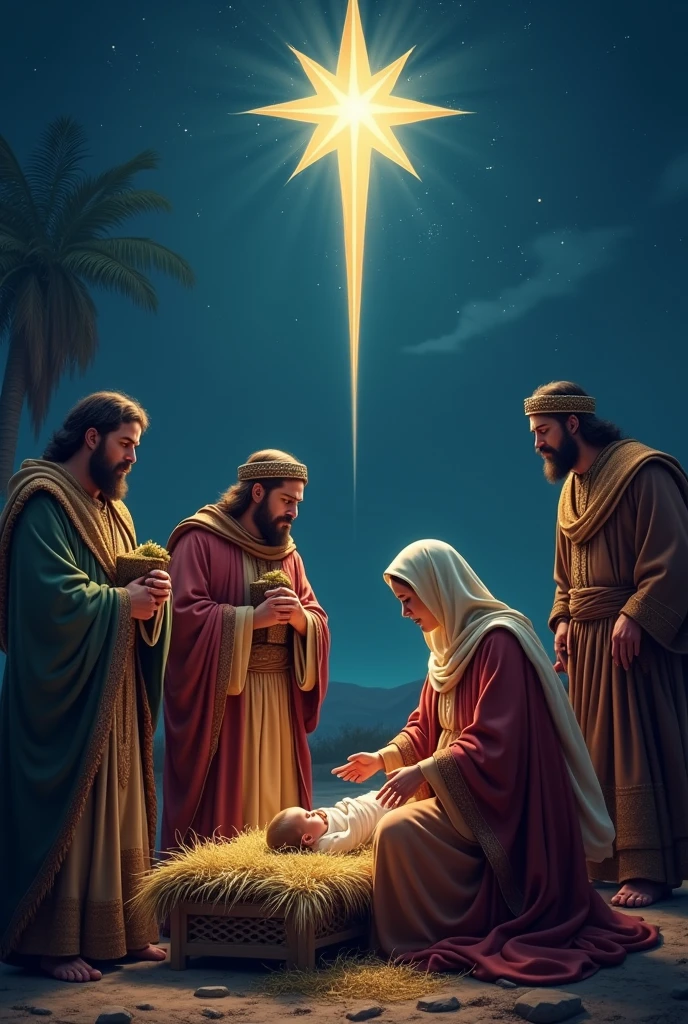 biblical history:
fund: Place a night image of Bethlehem with a bright star in the sky. The star should be the focal point at the top of the image., softly illuminating the scene below.
mages: Place three magicians in rich oriental clothes, walking towards the manger where Jesus is. They should carry gifts and look at the star with reverence..
Jesus and Mary: Place Mary holding baby Jesus in a more forward location, near the center of the image. Both must be illuminated by the star.
Herod: No fundo, adicione uma imagem de Herod com uma expressão de raiva ou frustração, perhaps looking towards the wizards or the star.
texto: Write the sentence "THE MESSIAH IS BORN IN BETHLEHEM" in a large text, Clear and readable, placed at the top or bottom of the image. Use a font that contrasts well with the background to ensure readability..