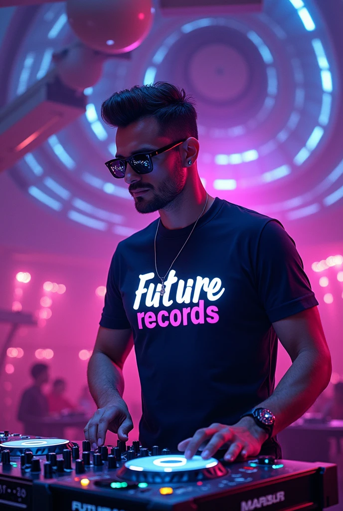 A DJ dome with sunglasses and a t-shirt that says Future Records