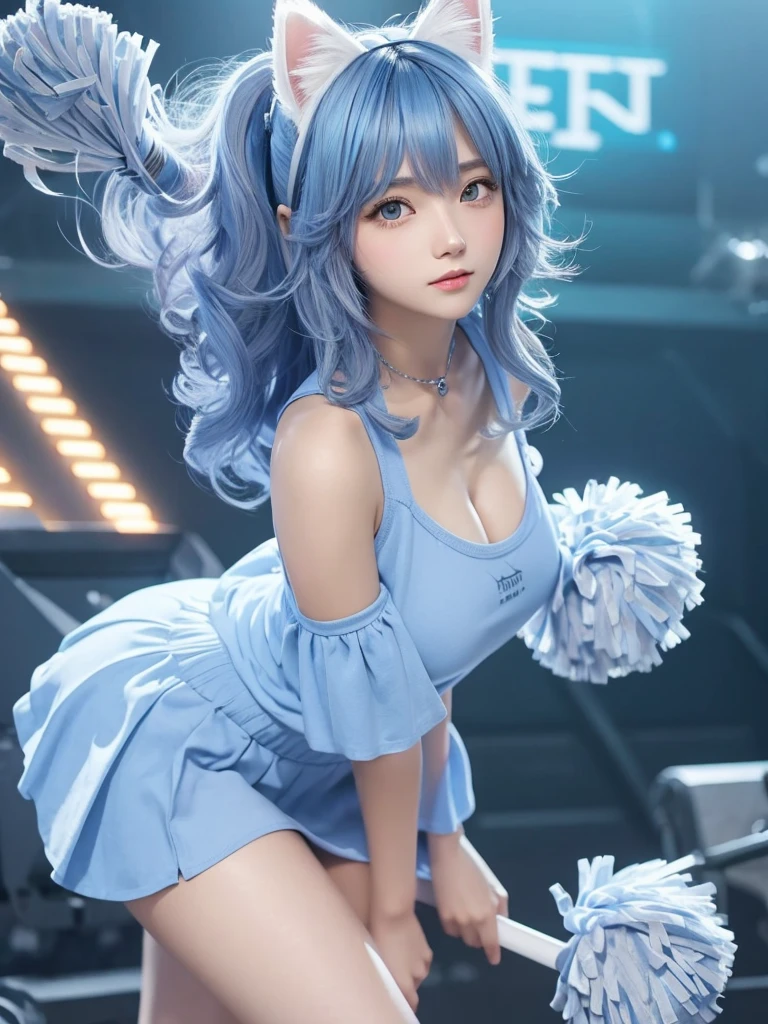 Masterpiece, best quality, ai-generated, cat ear,1 female,light Blue shaggy cut hair,curly hair,cheerleader,full body, curvy