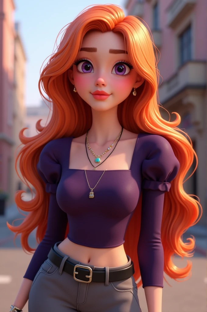 Vanessa is a very beautiful fifteen-year-old girl with snow-white skin, She has long, wavy, bright light orange hair that is usually styled half up with two strands falling down her beautiful face.,She has almond-shaped eyes, a light lilac purple color., her face is heart-shaped and she has a small nose and salmon pink lips, She wears a dark purple tight-fitting long-sleeved shirt with puffed arms and a square cut at the top of the chest but without being low-cut, in addition to wearing three necklaces., He is wearing smart grey trousers with a thin black leather belt and black ankle boots..((3D style)) ((Style Miraculous ladybug)).