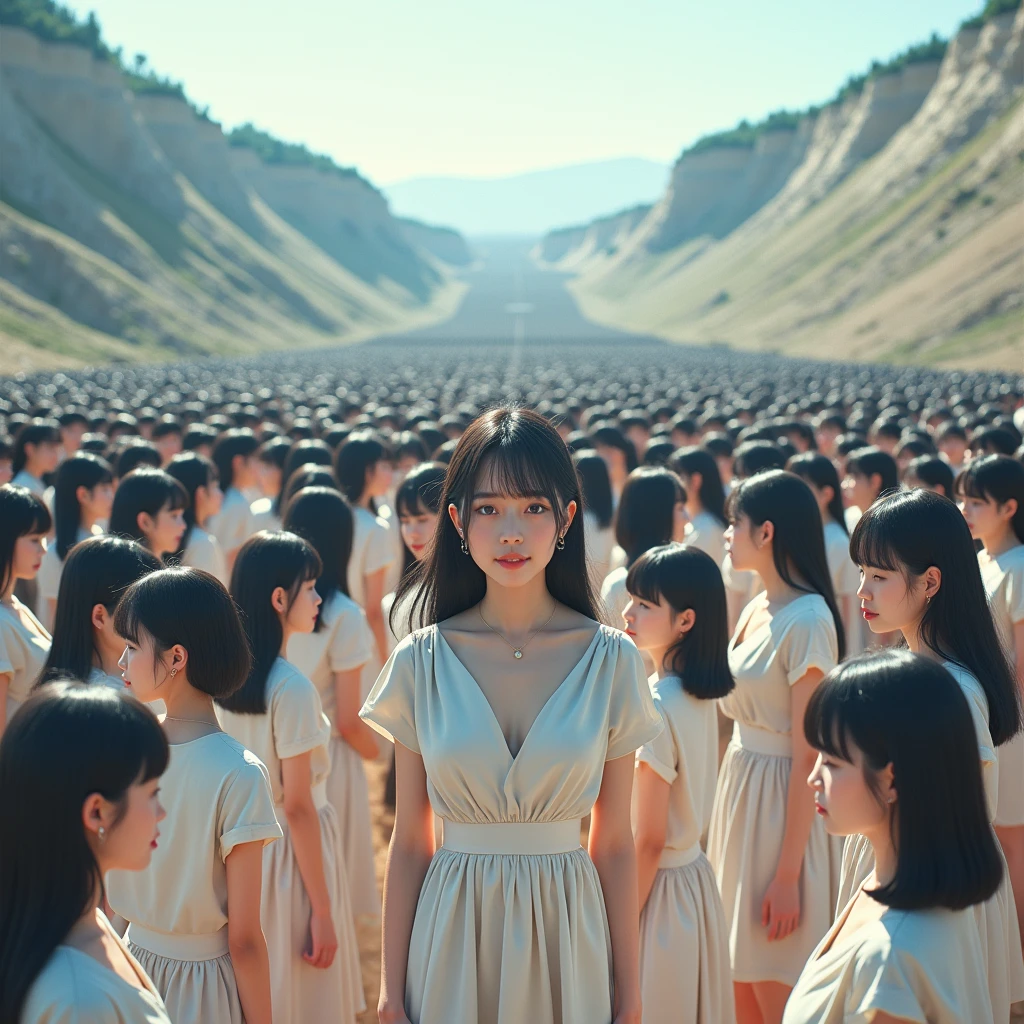 (((((Japanese Clone girls=Myself)))))), (((Best Super High quality Myself Clone girls Raw Photography Art))), (16K, Highest quality, Ultra-high resolution, RAW Photos), (((It&#39;s so unrealistic., With unparalleled depiction, With an unfathomable sight, An unprecedented and shocking worldview, Clone girls in a world of mass reproduction, Ultra-realistic))), (((Japanese, woman, 20yo, Saito-Asuka))), (Small face, ((Thick black hair, Semi-long hair))), ((V-neck short-sleeve dress)), (((((Very detailed美しい女体, Accurate body structure, Very detailed完璧な, Super busty body with very large breasts, Clearly emphasizes cleavage))))), (((Dark Eyes, Mature face, Cute Smile, A gentle gaze))), (((Her happy and smiling expression is so cute))), ((((((((Very detailed分身増殖描写, ((1girl→Myself cloning→1,000,000,000,000,000,000,000,000,000,000,000,000,000,000,000,000,000,000,000,000Myself Clone girls)))))))))), ((((((((Very detailed, The precise depiction of the proliferation of Myself Clone girls, ((With the perfectly identical bodies of Myself clone girls, With the exact same face as the Myself clone girls, With the exact same hairstyle as the Myself clone girls, In the exact same clothes as the girls who are my clones, Perfectly the same height as the Myself clone girls, Super big breasts, just like the Myself clone girls)))))))))), (((Myself clone girls only))), (((Multiple pairs, Very detailed depiction, (Myself clone girls hug each other, Myself clone girls assemble, Fun conversations with fellow Myself clone girls, A fun conversation between Myself clone girls, Myself clone girls holding hands, Walking with lots of Myself clone girls, turn around, They&#39;re coming at me in droves)))), (((Everyone looks at the camera))), (((Unbelievably crowded, Transcendent Myself clone girls intimately, Countless Myself clone girls surround you in 360 degrees))), (Bright, soft sunlight), (((Very wide field of view, Very detailed, Detailed ultra-perspective depiction with clear depth, super wide view))), (((((Scenery with a steeply curving slope))))), (((Very photographic and detailed depiction, Myself clone girls will multiply infinitely and fill the surroundings from one side to the horizon with their bodies tightly packed together without any gaps., A scene of endless Myself clone girls and a fun atmosphere))), (Focus on the average value of the image)