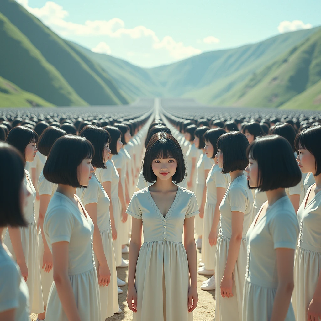 (((((Japanese Clone girls=Myself)))))), (((Best Super High quality Myself Clone girls Raw Photography Art))), (16K, Highest quality, Ultra-high resolution, RAW Photos), (((It's so unrealistic., With unparalleled depiction, With an unfathomable sight, An unprecedented and shocking worldview, Clone girls in a world of mass reproduction, Ultra-realistic))), (((Japanese, woman, 20yo, Saito-Asuka))), (Small face, ((Thick black hair, Semi-long hair))), ((V-neck short-sleeve dress)), (((((Very detailed美しい女体, Accurate body structure, Very detailed完璧な, Super busty body with very large breasts, Clearly emphasizes cleavage))))), (((Dark Eyes, Mature face, Cute Smile, A gentle gaze))), (((Her happy and smiling expression is so cute))), ((((((((Very detailed分身増殖描写, ((1girl→Myself cloning→1,000,000,000,000,000,000,000,000,000,000,000,000,000,000,000,000,000,000,000,000Myself Clone girls)))))))))), ((((((((Very detailed, The precise depiction of the proliferation of Myself Clone girls, ((With the perfectly identical bodies of Myself clone girls, With the exact same face as the Myself clone girls, With the exact same hairstyle as the Myself clone girls, In the exact same clothes as the girls who are my clones, Perfectly the same height as the Myself clone girls, Super big breasts, just like the Myself clone girls)))))))))), (((Myself clone girls only))), (((Multiple pairs, Very detailed depiction, (Myself clone girls hug each other, Myself clone girls assemble, Fun conversations with fellow Myself clone girls, A fun conversation between Myself clone girls, Myself clone girls holding hands, Walking with lots of Myself clone girls, turn around, They're coming at me in droves)))), (((Everyone looks at the camera))), (((Unbelievably crowded, Transcendent Myself clone girls intimately, Countless Myself clone girls surround you in 360 degrees))), (Bright, soft sunlight), (((Very wide field of view, Very detailed, Detailed ultra-perspective depiction with clear depth, super wide view))), (((((Scenery with a steeply curving slope))))), (((Very photographic and detailed depiction, Myself clone girls will multiply infinitely and fill the surroundings from one side to the horizon with their bodies tightly packed together without any gaps., A scene of endless Myself clone girls and a fun atmosphere))), (Focus on the average value of the image)