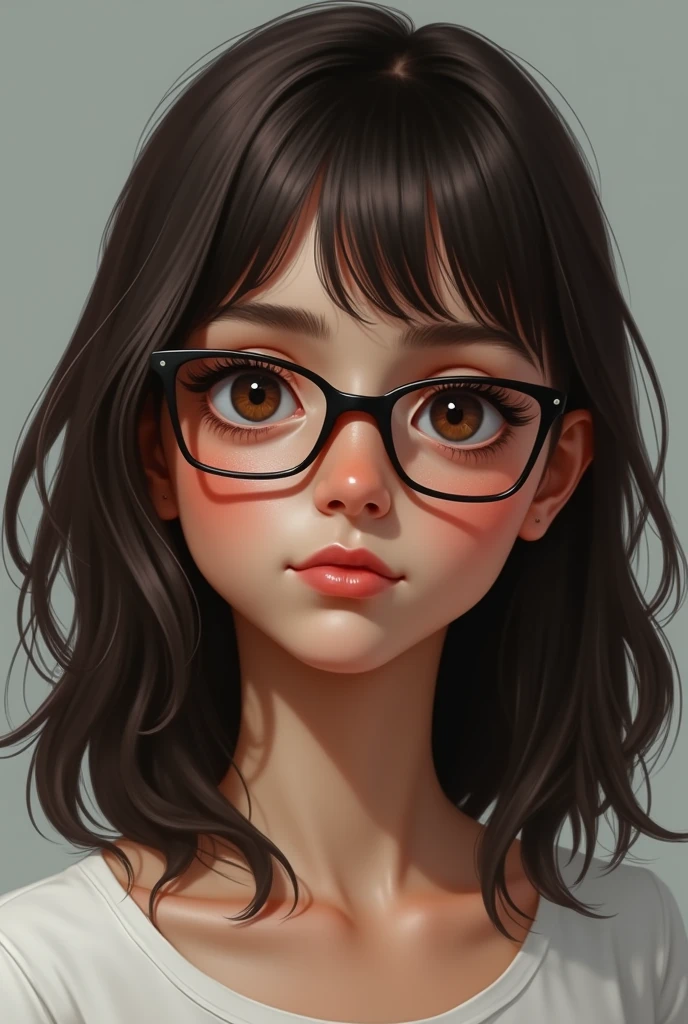 Victoria is a brunette with medium-tall, thin, straight hair who wears glasses and who had a realistic light black skin facial paralysis