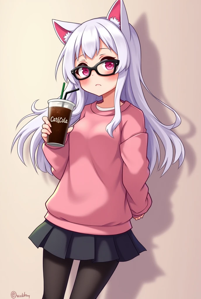 I have white pink hair, cat ears, A good, My face is super flushed, black glasses, pink heart eyes, a big pink sweatshirt, a black skirt, black stockings, White shoes, A cat'cola, A woman. very shy that is stuck to a wall with her butt