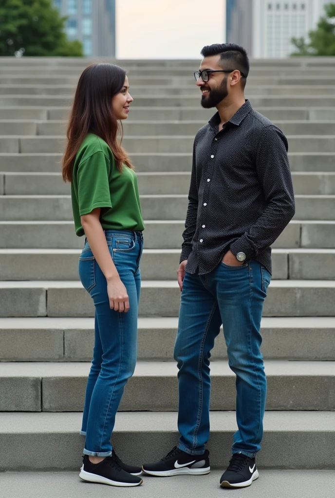 A woman and a men are sitting talking on the wide stairs the women is wearing a green top and jeans , the men is wearing a black printed shirt, jeans , spec and black sneakers.