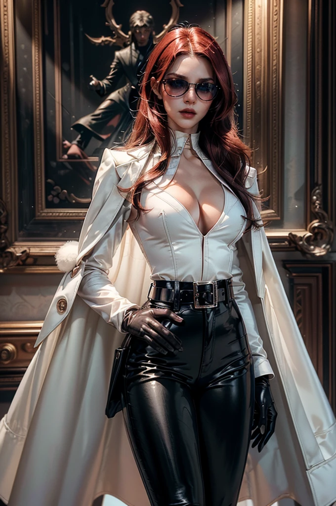 [cowboy shot], a beautiful young woman with long red hair, slim body, thin waist, narrow hips, detailed facial features, ((wearing high quality high waist black leather pants)), ((a formal white colored silk shirt with cleavage and long sleeves)), ((a white fur coat on shoulders)), ((red lining)), ((luxury waist belt)), ((slightly red tinted glasses)), ((black latex gloves)), ((expensive reflective silk scarf)), holding a handbag, hand on waist, (best quality,4k,8k,highres,masterpiece:1.2),ultra-detailed,(realistic,photorealistic,photo-realistic:1.37),high fashion,editorial,dramatic lighting,cinematic,vivid colors,intricate details, glamorous