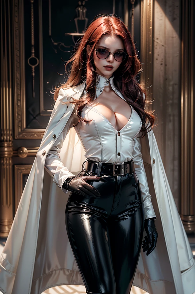 [cowboy shot], a beautiful young woman with long red hair, slim body, thin waist, narrow hips, detailed facial features, ((wearing high quality high waist black leather pants)), ((a formal white colored silk shirt with cleavage and long sleeves)), ((a white fur coat on shoulders)), ((red lining)), ((luxury waist belt)), ((slightly red tinted glasses)), ((black latex gloves)), ((expensive reflective silk scarf)), holding a handbag, hand on waist, (best quality,4k,8k,highres,masterpiece:1.2),ultra-detailed,(realistic,photorealistic,photo-realistic:1.37),high fashion,editorial,dramatic lighting,cinematic,vivid colors,intricate details, glamorous