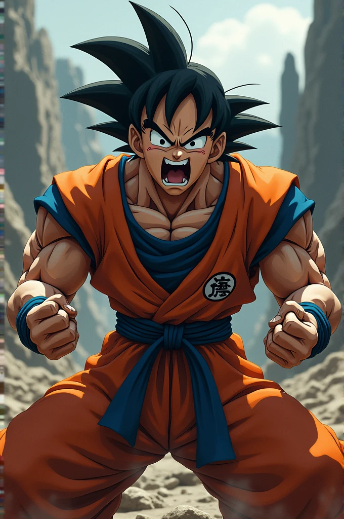 Create Goku screaming, blood coming out of his hands after losing his wife named Chichi