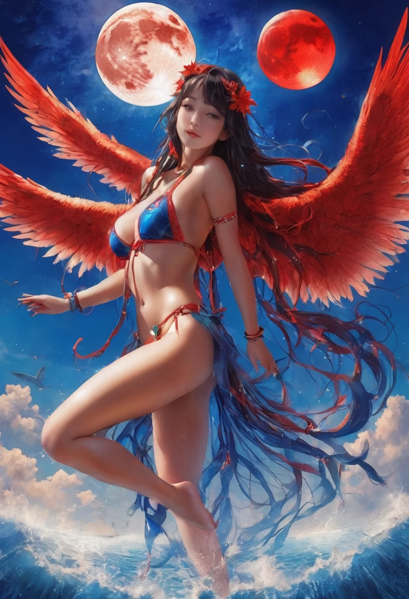 young girls thong swimming with magic wings the huge moon and giant red sun of enchantment giant red moons blue