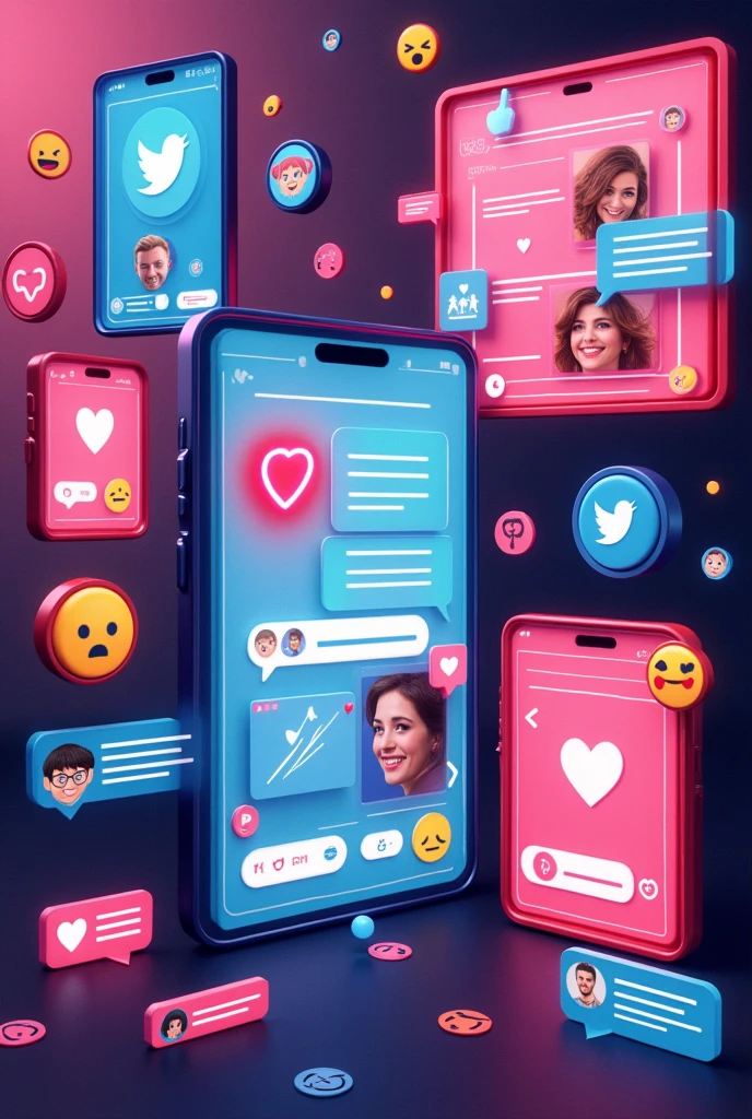 Create an image that shows several screens from different social networks, highlighting key flirting elements like emojis, gifs and direct messages. Use a color palette that combines the colors of the different platforms. Without using people.