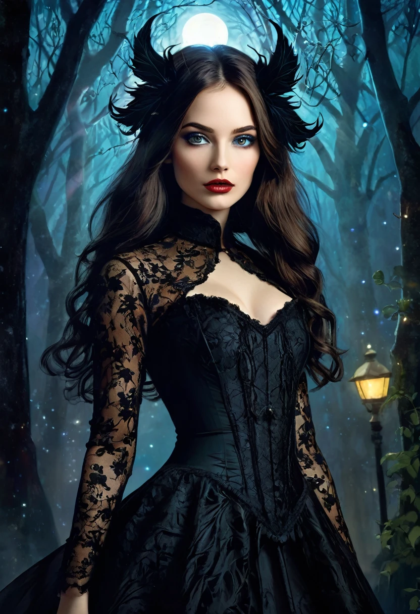 portrait, elegant frame, sexy monster girl, long dark-brown straight hair, sexy, small breasts, sexsexsex, dirty black booger costume, elegant victorian era dress, magic, fantasy, sinister forest background at night, with stars and nebulae,(best quality, 4k, 8k, high resolution, masterpiece: 1.2), ultra-detailed, (realistic, photorealistic, photorealistic: 1.37), details intricate, vivid colors, sharp focus, professional, Dave McKean artwork, surrealism oil touch, oil painting style, portrait, woman, beautiful detailed eyes, beautiful detailed lips, dreamy atmosphere, shadow play, lighting soft, fun pose, dark tones, ethereal background, fantasy elements, texture, layered composition., art inspired by Bill Sienkiewicz and Dave McKean