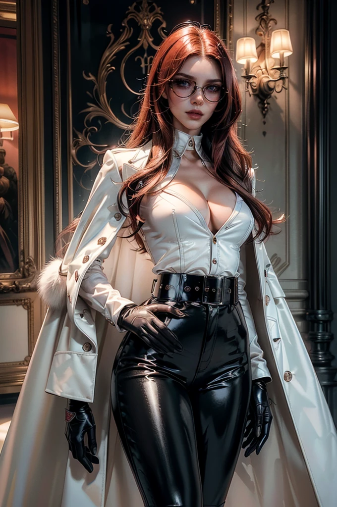 [cowboy shot], a beautiful young woman with long red hair, slim body, thin waist, narrow hips, detailed facial features, ((wearing high quality high waist black leather pants)), ((a formal white colored silk shirt with cleavage and long sleeves)), ((a white fur coat on shoulders)), ((red lining)), ((luxury waist belt)), ((slightly red tinted glasses)), ((black latex gloves)), ((expensive reflective silk scarf)), holding a handbag, hand on waist, (best quality,4k,8k,highres,masterpiece:1.2),ultra-detailed,(realistic,photorealistic,photo-realistic:1.37),high fashion,editorial,dramatic lighting,cinematic,vivid colors,intricate details, glamorous