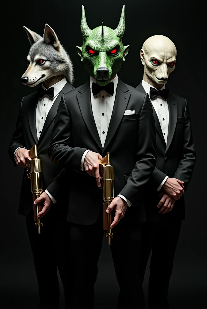 3 men in suits with super realistic masks , One is of a dragon in the middle ,with red, slanted eyes, a gray wolf with erect ears, an alien , the 3 standing in elegant black suits, The 3 of them with different high-caliber weapons plated in gold and wood. The dragon is green and the alien is gray. , with black background the photo 
