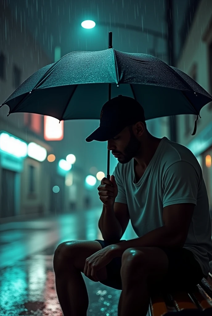 A gym man in a shirt sitting on a bench on the street, in the rain holding an umbrella, with cap looking down at night Observation: the image has to be from the front 