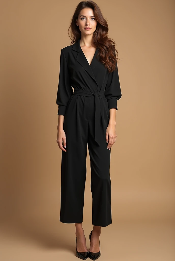 femme européenne de 26 ans, aux cheveux bruns ondulés, posant dans un studio photo professionnel. Elle porte une tenue élégante (choisis l’habit qui te semble approprié, comme une combinaison chic ou une blouse stylée) et des talons hauts. Sujet complet montré dans la photo, fond beige avec des éclairages de studio bien illuminés, profondeur de champ, sourire captivant et confiant. Taille élancée, très détaillé, visage marqué par l'expérience, longueur du visage 1,3 fois la largeur du visage. Yeux en amande, forme du visage en cœur, pommettes saillantes, cheveux bruns avec des ondulations sophistiquées, haute résolution, chef-d'œuvre, meilleure qualité, détails complexes, mise au point nette, peau détaillée, texture réaliste de la peau, détails des yeux, professionnel, 4K, ambiance de studio chic, prise avec Canon, profondeur de champ, couleurs vives et contrastées, corps parfaitement ajusté, extrêmement détaillé, photo (ultra), photoréaliste, réaliste, post-traitement, détails maximaux, vie réelle, ultra-réaliste, photoréalisme, photographie, 8K UHD, photographie.