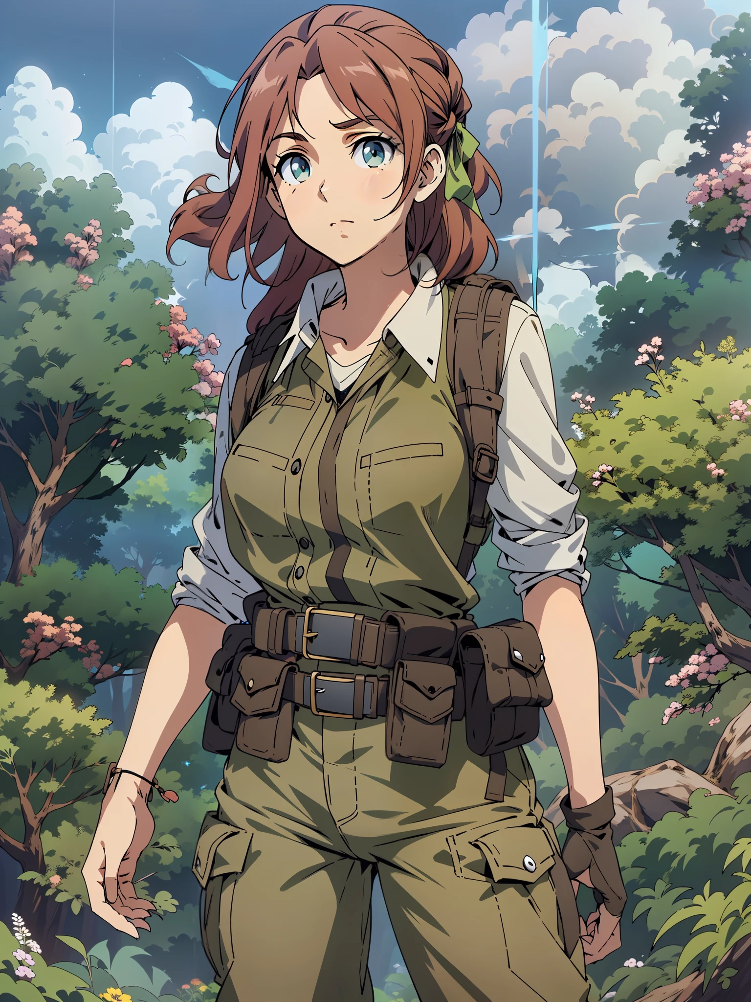 8k, Highly Detailed, Masterpiece, source_anime, best quality, beautifully detailed eyes and beautifully detailed hair, 1girl, solo, Anime-style character illustration set against a solid black background. The character is a young woman with fair skin, long reddish-brown hair, and green eyes. She is wearing a green headband, a light grey long-sleeve shirt, and a brown utility vest with multiple pockets. Her outfit includes brown cargo pants with black straps and black combat boots. The character's facial expression is neutral, and she stands with one hand resting on her hip, exuding a confident and composed demeanor, The background is a lush, green forest with a bright blue sky and fluffy white clouds, creating a vibrant and lively atmosphere