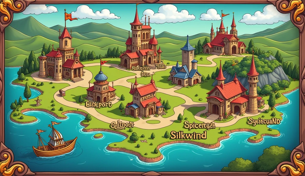 Cartoon style map, it should contain several cities with names, which relate to trade. It should include margins and a border.