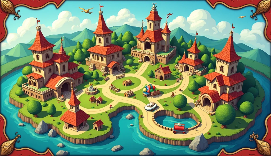 Cartoon style map, it should contain several cities with names, which relate to trade. It should include margins and a border.