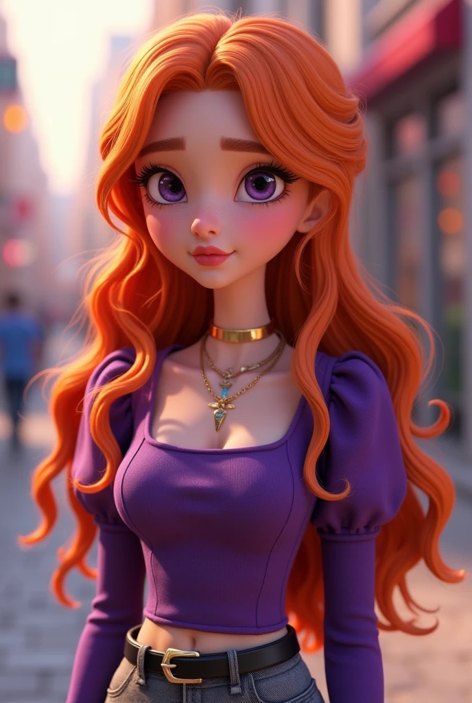 Vanessa is a very beautiful fifteen-year-old girl with snow-white skin, She has long, wavy, bright light orange hair that is usually styled half up with two strands falling down her beautiful face.,She has almond-shaped eyes, a light lilac purple color., her face is heart-shaped and she has a small nose and salmon pink lips, She wears a dark purple tight-fitting long-sleeved shirt with puffed arms and a square cut at the top of the chest but without being low-cut, in addition to wearing three necklaces., He is wearing smart grey trousers with a thin black leather belt and black ankle boots..((3D style)) ((Style Miraculous ladybug)).
