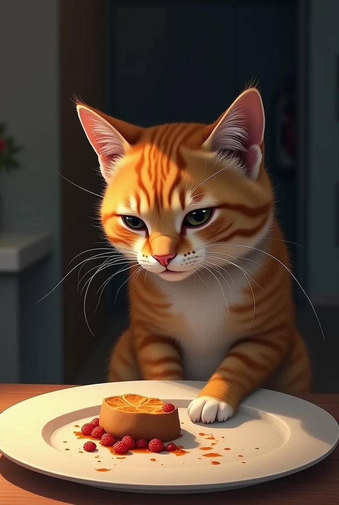 The cat’s remorseful gaze and the reduced portion of food.
