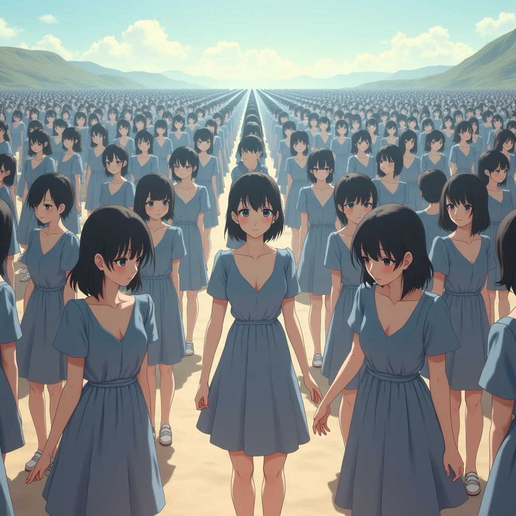 (((((Japanese Clone girls=Myself)))))), (((Best Super High quality Myself Clone girls Raw Photography Art))), (16K, Highest quality, Ultra-high resolution, RAW Photos), (((It's so unrealistic., With unparalleled depiction, With an unfathomable sight, An unprecedented and shocking worldview, Clone girls in a world of mass reproduction, Ultra-realistic))), (((Japanese, woman, 20yo, Saito-Asuka))), (Small face, ((Thick black hair, Semi-long hair))), ((V-neck short-sleeve dress)), (((((Very detailed美しい女体, Accurate body structure, Very detailed完璧な, Super busty body with very large breasts, Clearly emphasizes cleavage))))), (((Dark Eyes, Mature face, Cute Smile, A gentle gaze))), (((Her happy and smiling expression is so cute))), ((((((((Very detailed分身増殖描写, ((1girl→Myself cloning→1,000,000,000,000,000,000,000,000,000,000,000,000,000,000,000,000,000,000,000,000Myself Clone girls)))))))))), ((((((((Very detailed, The precise depiction of the proliferation of Myself Clone girls, ((With the perfectly identical bodies of Myself clone girls, With the exact same face as the Myself clone girls, With the exact same hairstyle as the Myself clone girls, In the exact same clothes as the girls who are my clones, Perfectly the same height as the Myself clone girls, Super big breasts, just like the Myself clone girls)))))))))), (((Myself clone girls only))), (((Multiple pairs, Very detailed depiction, (Myself clone girls hug each other, Myself clone girls assemble, Fun conversations with fellow Myself clone girls, A fun conversation between Myself clone girls, Myself clone girls holding hands, Walking with lots of Myself clone girls, turn around, They're coming at me in droves)))), (((Everyone looks at the camera))), (((Unbelievably crowded, Transcendent Myself clone girls intimately, Countless Myself clone girls surround you in 360 degrees))), (Bright, soft sunlight), (((Very wide field of view, Very detailed, Detailed ultra-perspective depiction with clear depth, super wide view))), (((((Scenery with a steeply curving slope))))), (((Very photographic and detailed depiction, Myself clone girls will multiply infinitely and fill the surroundings from one side to the horizon with their bodies tightly packed together without any gaps., A scene of endless Myself clone girls and a fun atmosphere))), (Focus on the average value of the image)