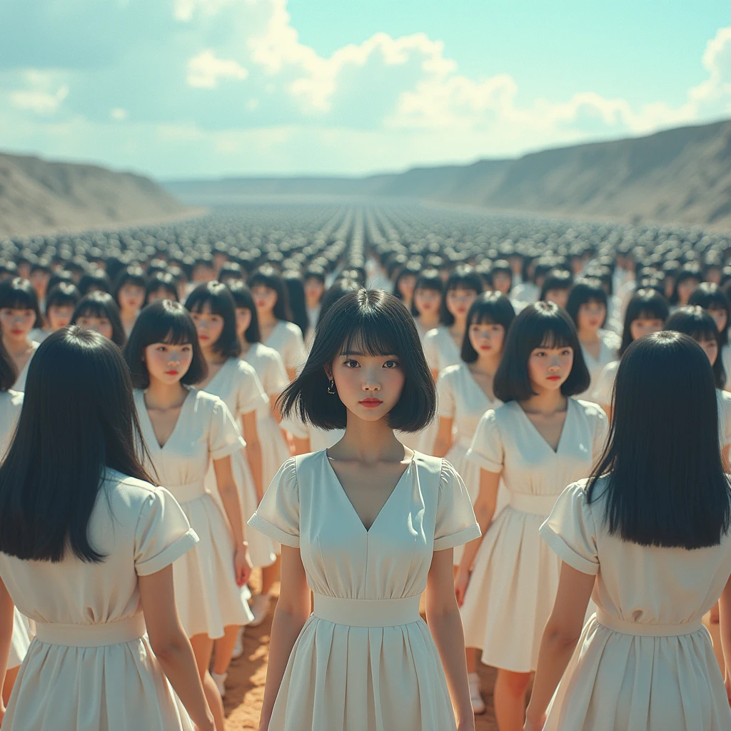 (((((Japanese Clone girls=Myself)))))), (((Best Super High quality Myself Clone girls Raw Photography Art))), (16K, Highest quality, Ultra-high resolution, RAW Photos), (((It's so unrealistic., With unparalleled depiction, With an unfathomable sight, An unprecedented and shocking worldview, Clone girls in a world of mass reproduction, Ultra-realistic))), (((Japanese, woman, 20yo, Saito-Asuka))), (Small face, ((Thick black hair, Semi-long hair))), ((V-neck short-sleeve dress)), (((((Very detailed美しい女体, Accurate body structure, Very detailed完璧な, Super busty body with very large breasts, Clearly emphasizes cleavage))))), (((Dark Eyes, Mature face, Cute Smile, A gentle gaze))), (((Her happy and smiling expression is so cute))), ((((((((Very detailed分身増殖描写, ((1girl→Myself cloning→1,000,000,000,000,000,000,000,000,000,000,000,000,000,000,000,000,000,000,000,000Myself Clone girls)))))))))), ((((((((Very detailed, The precise depiction of the proliferation of Myself Clone girls, ((With the perfectly identical bodies of Myself clone girls, With the exact same face as the Myself clone girls, With the exact same hairstyle as the Myself clone girls, In the exact same clothes as the girls who are my clones, Perfectly the same height as the Myself clone girls, Super big breasts, just like the Myself clone girls)))))))))), (((Myself clone girls only))), (((Multiple pairs, Very detailed depiction, (Myself clone girls hug each other, Myself clone girls assemble, Fun conversations with fellow Myself clone girls, A fun conversation between Myself clone girls, Myself clone girls holding hands, Walking with lots of Myself clone girls, turn around, They're coming at me in droves)))), (((Everyone looks at the camera))), (((Unbelievably crowded, Transcendent Myself clone girls intimately, Countless Myself clone girls surround you in 360 degrees))), (Bright, soft sunlight), (((Very wide field of view, Very detailed, Detailed ultra-perspective depiction with clear depth, super wide view))), (((((Scenery with a steeply curving slope))))), (((Very photographic and detailed depiction, Myself clone girls will multiply infinitely and fill the surroundings from one side to the horizon with their bodies tightly packed together without any gaps., A scene of endless Myself clone girls and a fun atmosphere))), (Focus on the average value of the image)