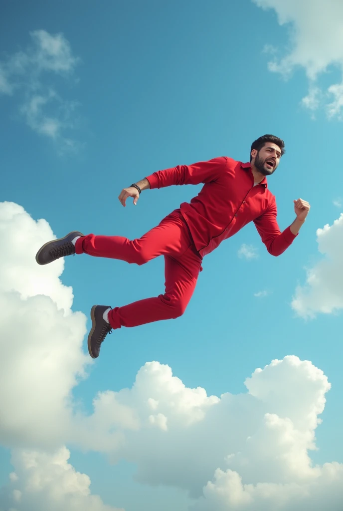 A man with red shirt and pants on falling on the sky
