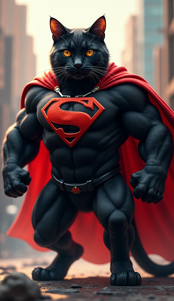 A burly black cat that looks like superman