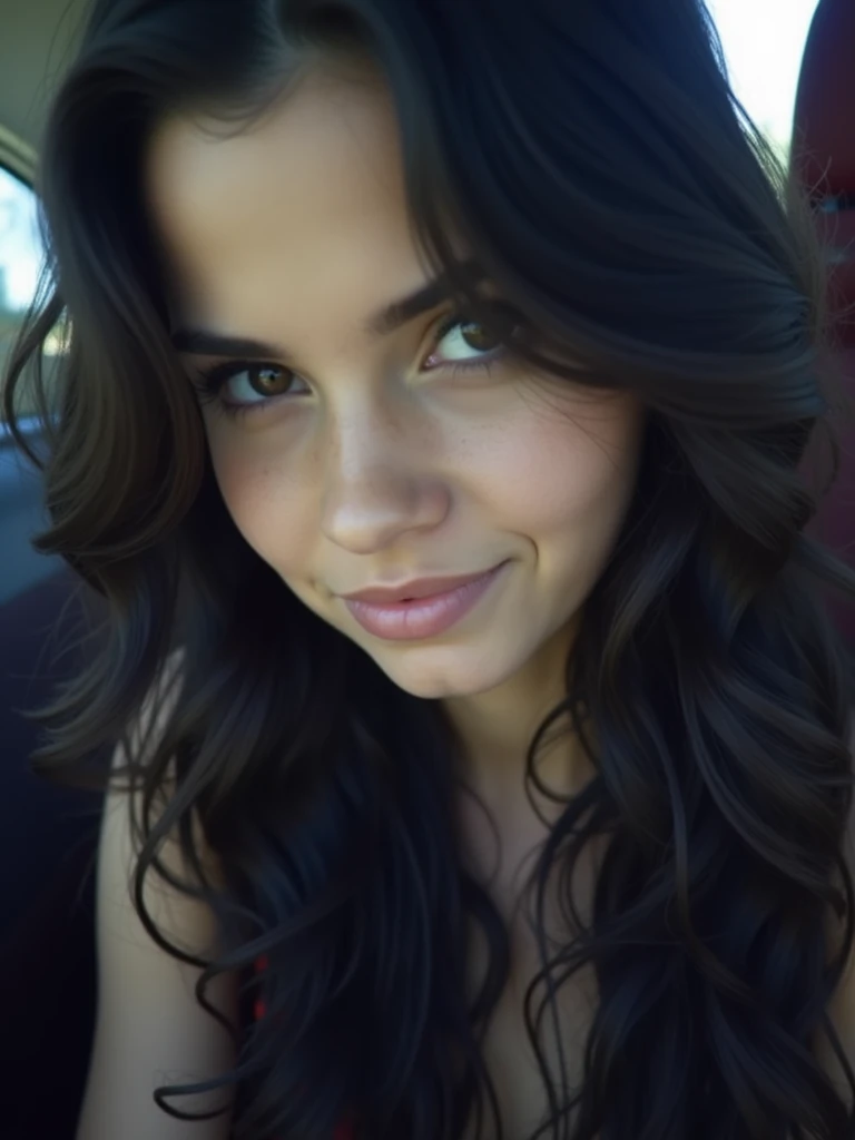 Amazing portrait of a sexy woman, Hannahowo, black messy hair, seductively gazing and smiling, soft lips, parted, blushing intensely, smiling, overzisedt-shirt, medium chest, perfect body, perfect detailed eyes, nose piercing