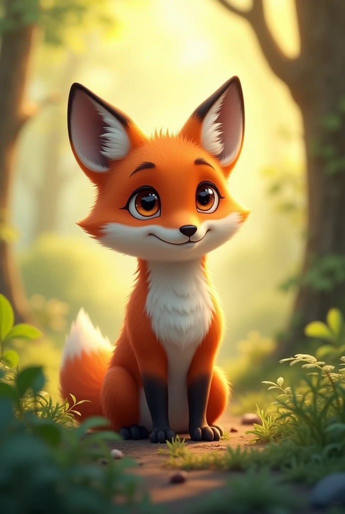 A cute brown fox ready to go hunting,Standing,Background morning forest,Cute realistic style