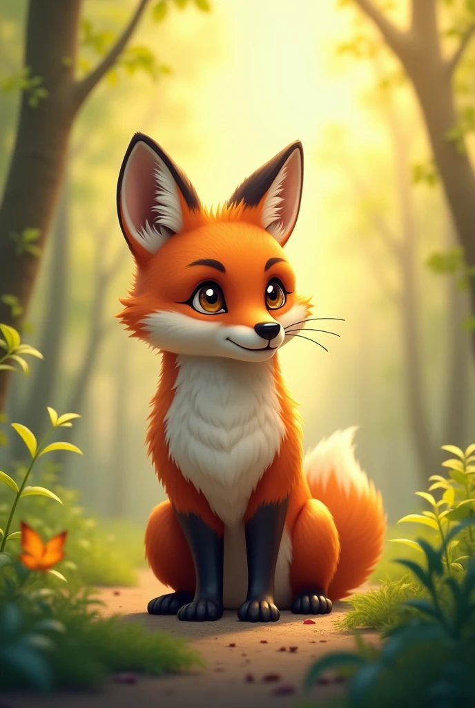 A cute brown fox ready to go hunting,Standing,Background morning forest,Cute realistic style