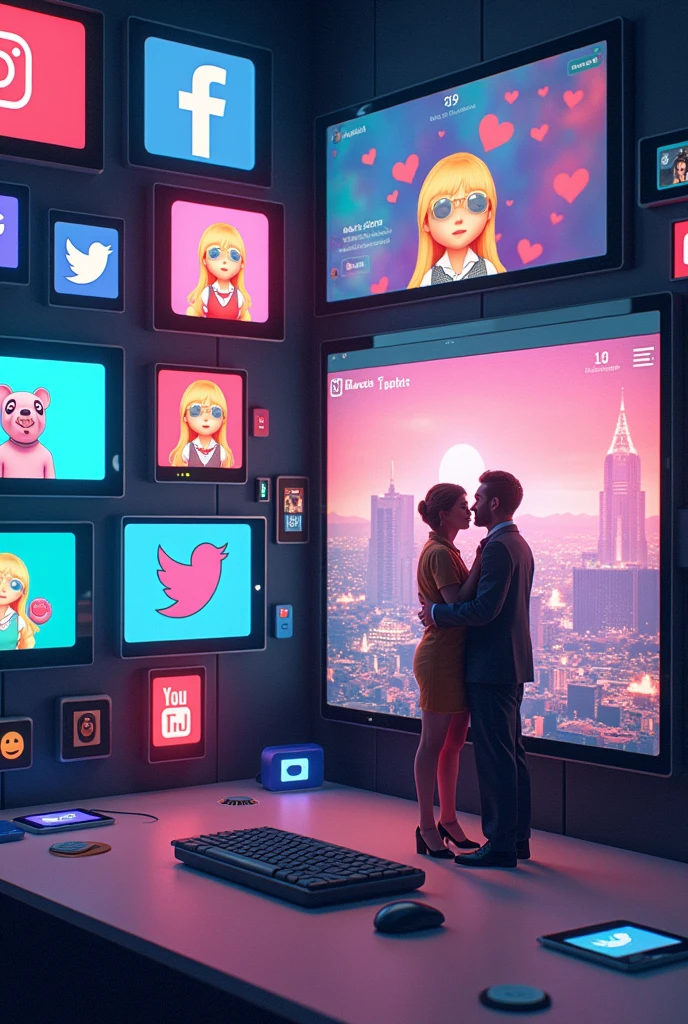 Create an image that shows several screens from different social networks, Facebook and Instagram highlighting key flirting elements like emojis, gifs and direct messages. Use a color palette that combines the colors of the different platforms. Without using people.