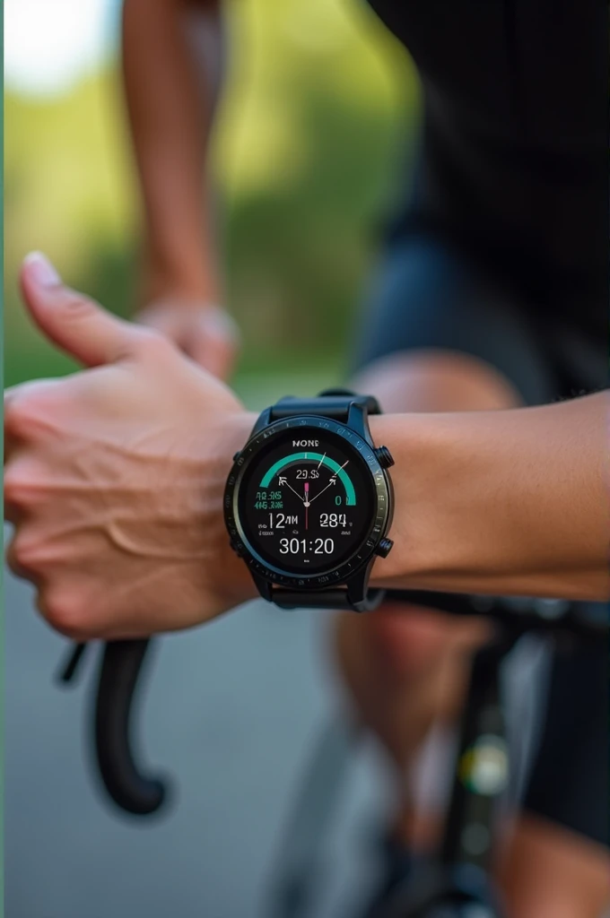 Photo of a smartwatch, marking a race