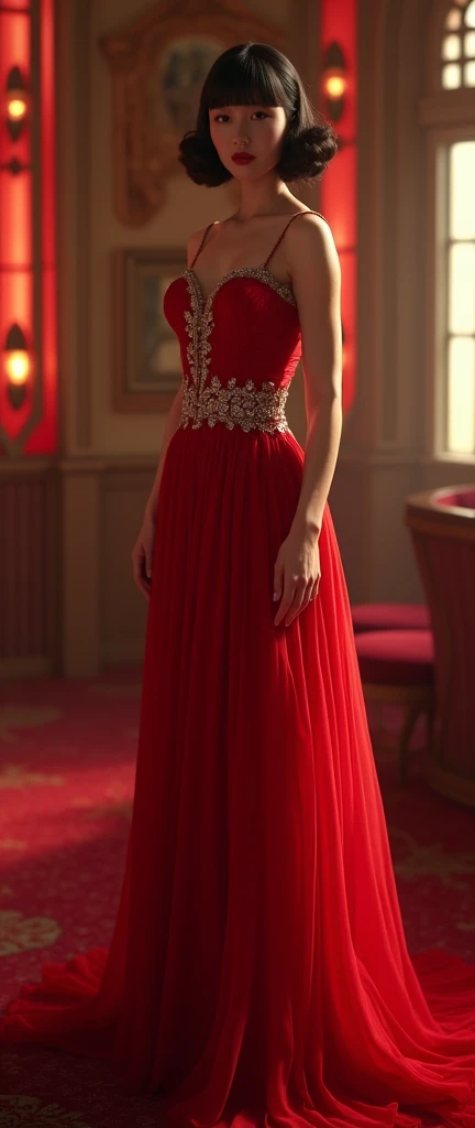 1940s formal dress, bangs hairstyle, graceful, sophisticated, alluring, trophy wife, stunning, female model, formal posture, exquisite, quaint, elegant, rap crew, vibrant colors, chiaroscuro lighting, cinematic composition, high contrast, dramatic shadows