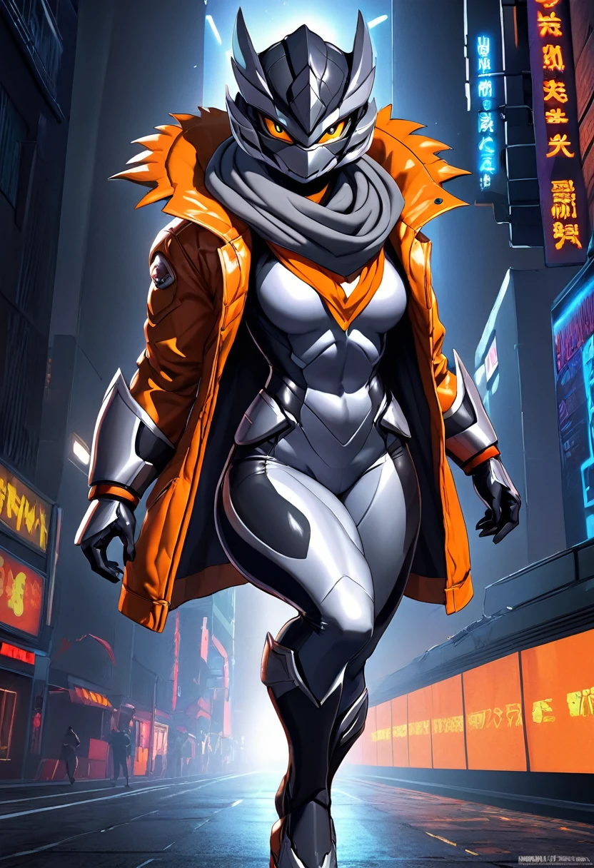 OC,hybrid,kaiju,Sentai,female,buff,muscular,grey darker skin,super suit,mutant,claws,orange scarf,jacket, a powerful physique, inspired by the style of Ultraman, 80’s movies, masterfully rendered with exceptional detail and realism, vivid colors, and dramatic lighting.