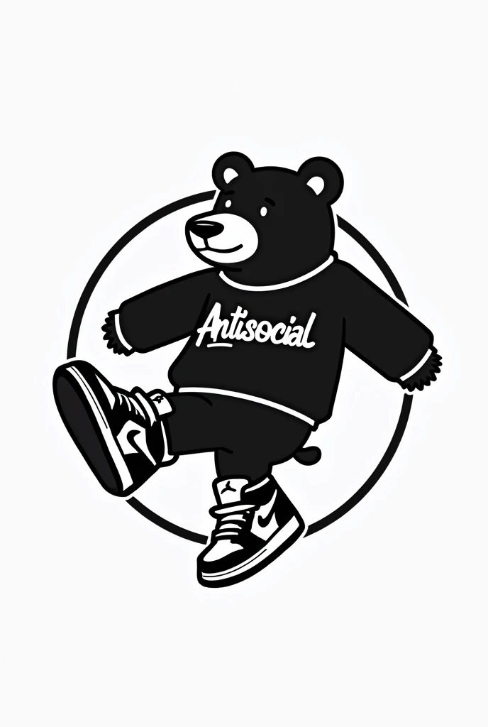 Make me a company logo design that says bearKicks with a bear and some Jordan 1 sneakers on a bearbick, in a circle that is minimalist and that appears in letters the coolest BearKicks in black and white and with an antisocial sweater, The bear that has a sweater that says Antisocial and some sneakers in the title
