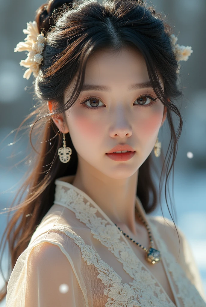 best quality, masterpiece, highres, 1girl, transparent lace dress, cotton robe, hair ornament, dress,hair ornament, necklace, jewelry, chinese clothes, long hair, earrings, detailed beautiful eyes,detailed eyelash, Beautiful face,upon_body, tyndall effect,photorealistic, rim lighting, two tone lighting,(high detailed skin:1.2), 8k uhd, dslr, soft lighting, high quality, volumetric lighting, candid, Photograph, high resolution, 4k, 8k, Bokeh, in garden, falling snow, winter, (gigantic breasts:1.25)
