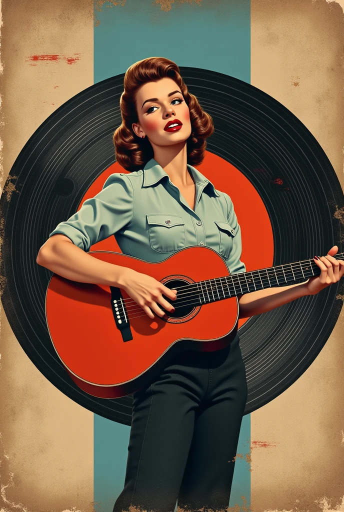 A 1950's female country rock singer with a guitar on an old 45 rpm record cover with a blue stripe at the top of the cover
