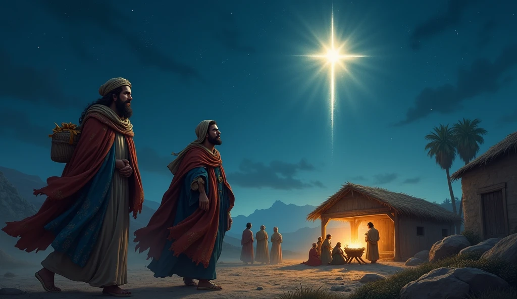 biblical history:
fund: Place a night image of Bethlehem with a bright star in the sky. The star should be the focal point at the top of the image., softly illuminating the scene below.

mages: Place three magicians in rich oriental clothes, walking towards the manger where Jesus is. They should carry gifts and look at the star with reverence..